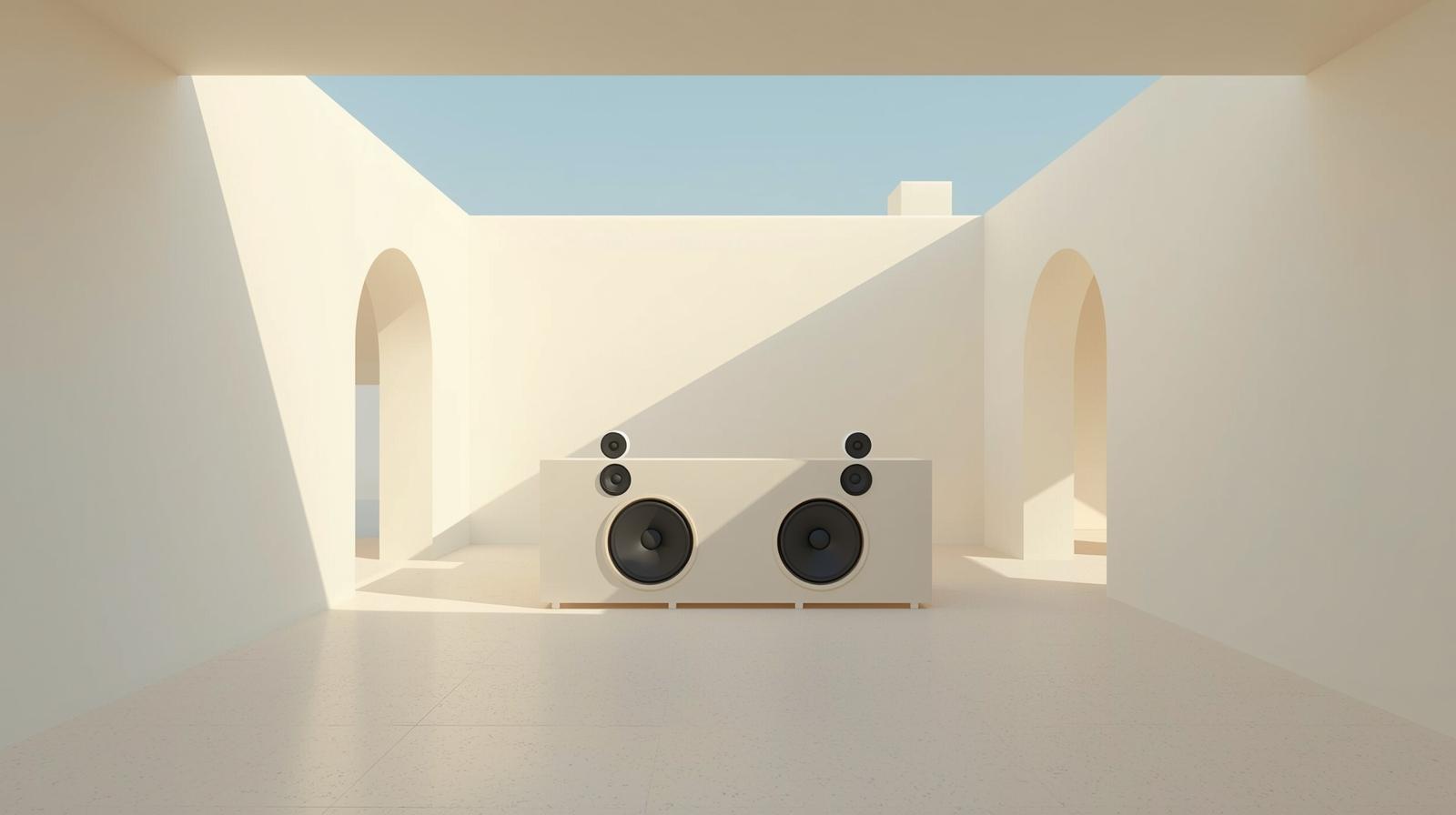 A minimalist and clean photography style captures a deconstructed villa during the daytime, featuring a deejay booth with large, round speakers. The composition is simple with ample negative space